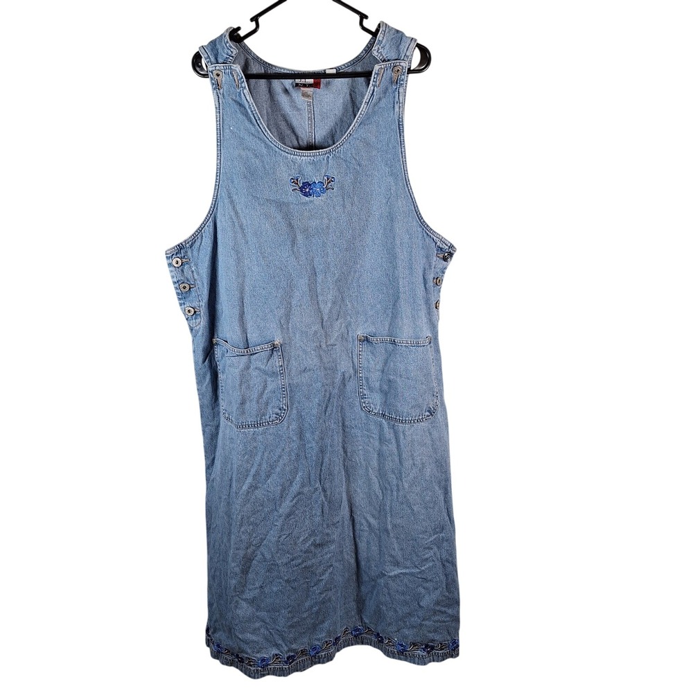 J.L.N.Y Vtg Denim Pinafore Dress 1990s‎ Embroidered Teacher Sleeveless Plus 1X